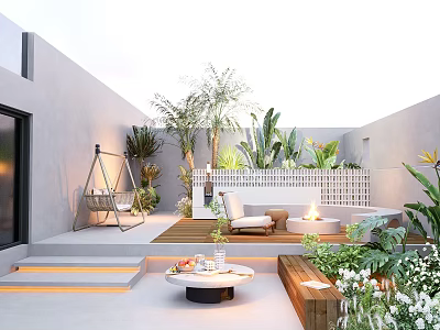 Modern Courtyard Garden With Outdoor Seating Green Plants Hanging Chair And Stone Steps 3d model
