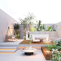Modern Courtyard Garden With Outdoor Seating Green Plants Hanging Chair And Stone Steps