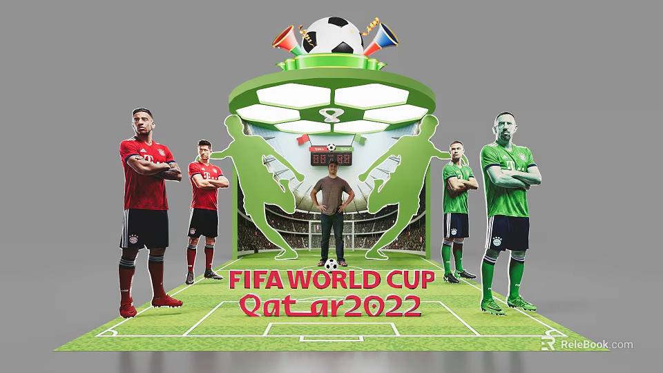 FIFA World Cup Qatar 2022 Soccer Ball Flags With Football Players And Stadium 3d model 