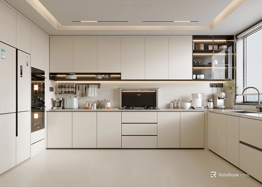 Modern Open Kitchen Interior With White Cabinets Island Countertop And Appliances 3d model 