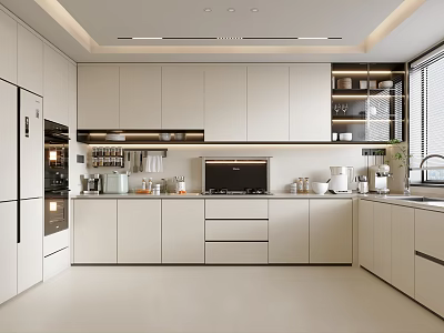 Modern Open Kitchen Interior With White Cabinets Island Countertop And Appliances 3d model