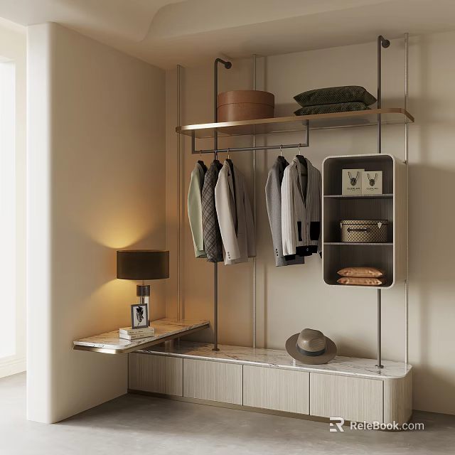 Modern Closet Interior With Hanging Clothes Shelf Storage Boxes Table Lamp Hat And Cabinets 3d model 