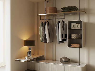 Modern Closet Interior With Hanging Clothes Shelf Storage Boxes Table Lamp Hat And Cabinets 3d model