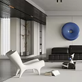 Modern Living Room with Black Sofa Blue Circular Wall Art Marble Wall and Floor Lamp