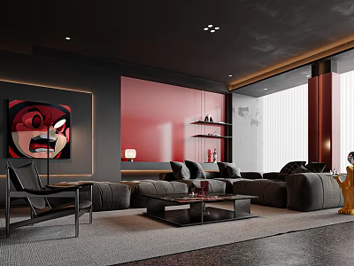 Modern Elegant Living Room Interior With Red Wall Black Sofa Art Painting And Floor Lamp 3d model