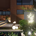 Courtyard Garden Featuring Sunset Sky Black Iron Fence Lush Plants Round Lighting And Illuminated Steps