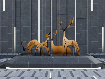 Golden Deer Sculptures With Black Marble Base And Grey Wall Background 3d model