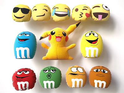 Cute Decorative Pillows With Emoji Faces Pikachu And M&M Character Shapes In Various Colors 3d model