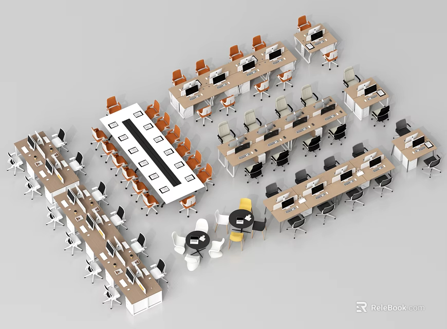 Multiple Office Desks with Chairs and Computers Arranged in Workspace Layout 3d model 
