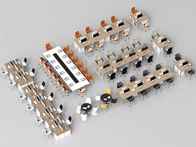 Multiple Office Desks with Chairs and Computers Arranged in Workspace Layout 3d model