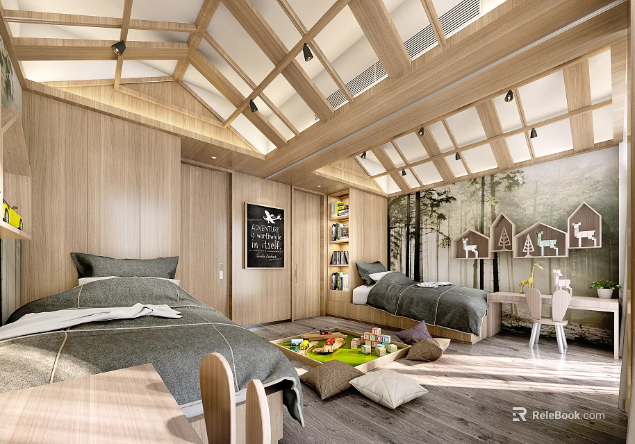 Bright Wooden Kids Bedroom With Two Beds Toys And Forest Mural 3d model 