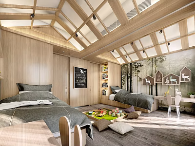 Bright Wooden Kids Bedroom With Two Beds Toys And Forest Mural 3d model