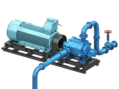 Industrial Blue Motor Pump Unit With Pipes Valve And Base Frame 3d model