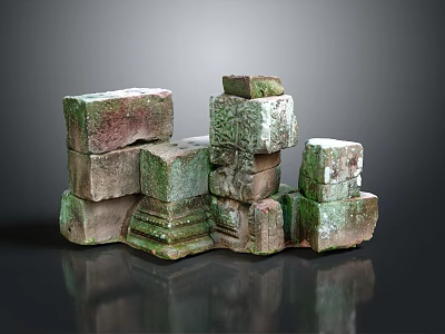 Stone Wood Stacked Arrangement Featuring Carved Details Weathered Texture And Greenish Reddish Tones 3d model