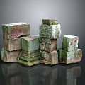Stone Wood Stacked Arrangement Featuring Carved Details Weathered Texture And Greenish Reddish Tones