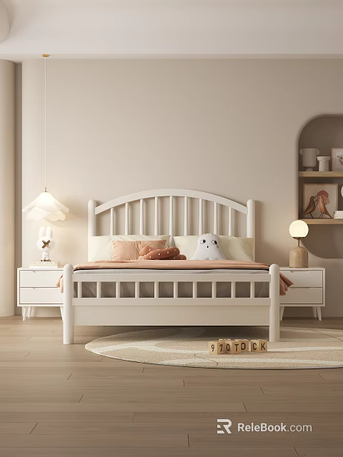 Cozy White Wooden Children's Bed with Slatted Headboard Pink Pillows Plush Toy and Nightstand Lamp 3d model 