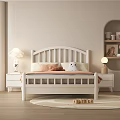 Cozy White Wooden Children's Bed with Slatted Headboard Pink Pillows Plush Toy and Nightstand Lamp