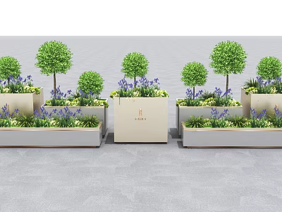 Square Planters With Rounded Green Trees Purple Yellow Flowers And Brown Box On Gray Ground 3d model