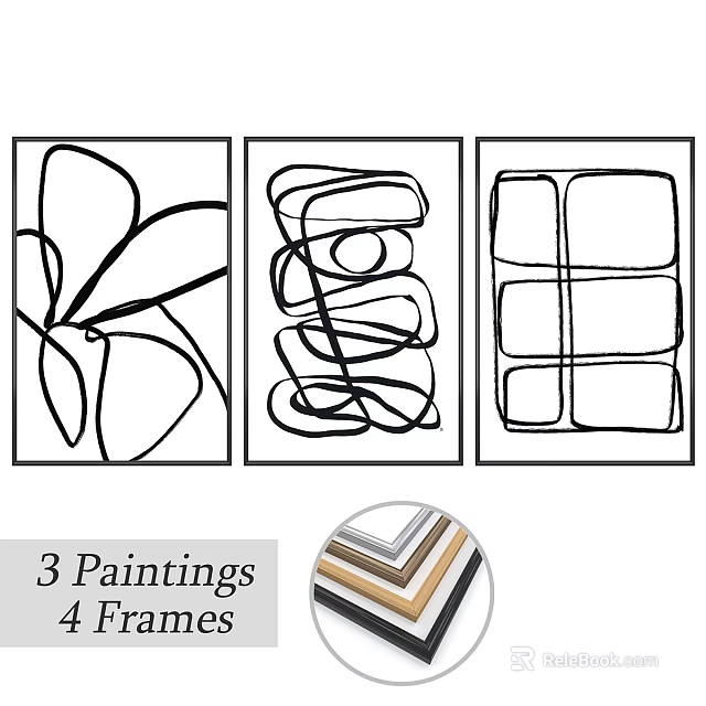 4 Different Design Frames With 3 Abstract Line Art Paintings For Home Decor 3d model