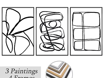 4 Different Design Frames With 3 Abstract Line Art Paintings For Home Decor 3d model