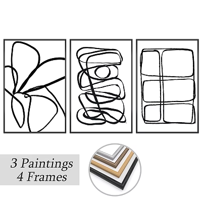 4 Different Design Frames With 3 Abstract Line Art Paintings For Home Decor 3d model