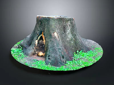Wooden Stone Tree Stump Decorative Piece With Hollow Opening And Surrounding Green Grass 3d model