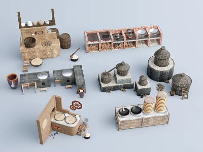 Vintage Handcrafted Kitchenware Collection Featuring Clay Pots Wooden Racks And Stone Storage Containers 3d model
