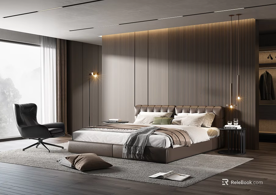 Minimalist Modern Bedroom Double Bed With Wooden Wall Panel Black Armchair And Pendant Light 3d model 