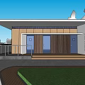 Modern Station Exterior Design With Wooden Panels Glass Doors White Roof And Green Lawn