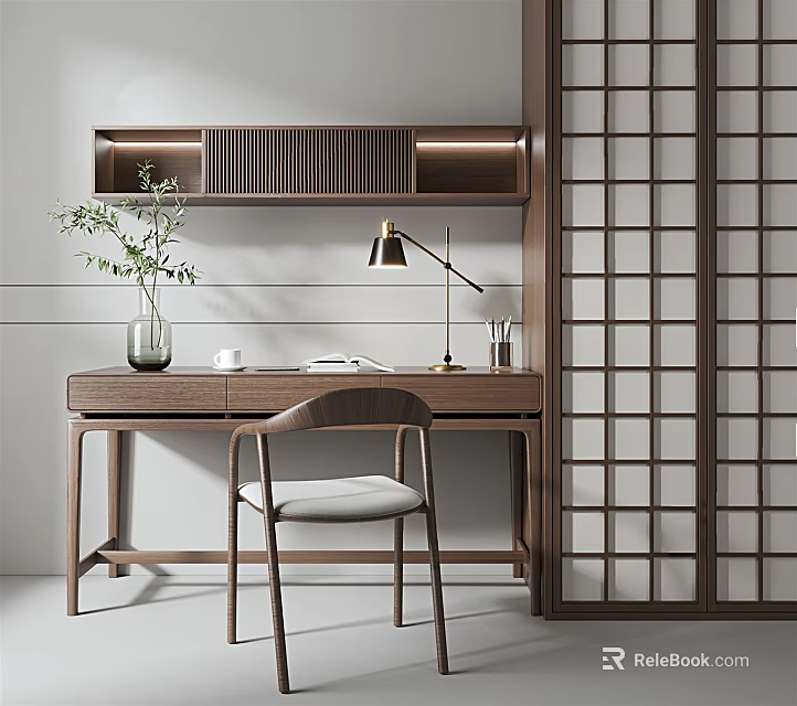 Minimalist Wooden Desk With Table Lamp Plant Vase Book Cup And Chair By Shoji Screen 3d model 