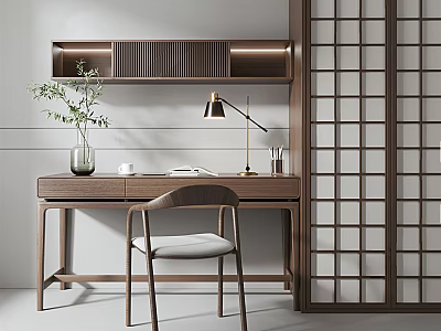 Minimalist Wooden Desk With Table Lamp Plant Vase Book Cup And Chair By Shoji Screen 3d model