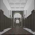 Elegant Hotel Corridor With Arched Doorway Wooden Walls Ceiling Decor And Patterned Flooring