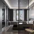 Modern Hotel Room Interior With Glass Partition Large Window Bed Desk And Wooden Flooring