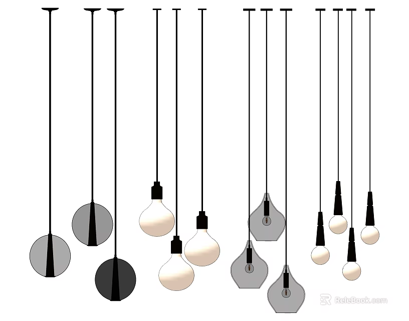 Modern Pendant Lights Featuring Circular Bulb Shaped Black White Gray Designs 3d model