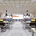 Modern Open Office Space With Desks Computers Ergonomic Chairs Bookshelves And Pendant Lights