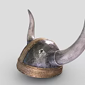 Vintage Viking Warrior Helmet Featuring Large Curved Horns Metallic Finish And Ornate Golden Band