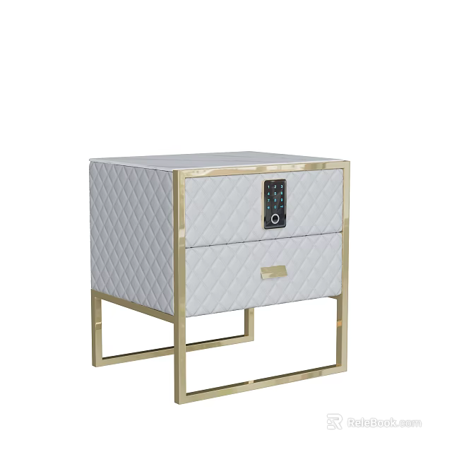 Elegant Modern Bedside Table With Gold Metal Frame And White Quilted Drawers 3d model 