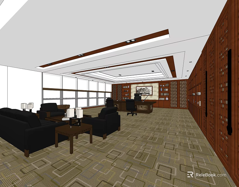 Spacious Office Interior Design With Sofa Coffee Table Desk Bookshelves And Large Windows 3d model