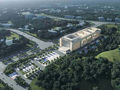 Modern Office Building Aerial View Surrounded by Green Trees and Landscaped Area 3d model