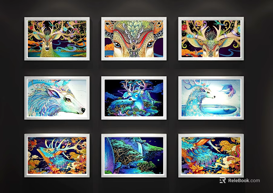 Colorful Artistic Animal Paintings With Deer Trees And Nature Landscapes Framed Wall Art 3d model 