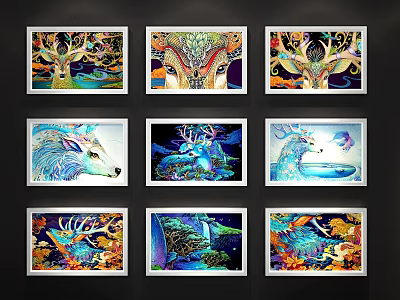 Colorful Artistic Animal Paintings With Deer Trees And Nature Landscapes Framed Wall Art 3d model