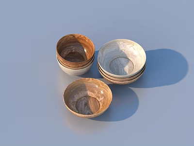 Decorative Stacked Bowls With Wooden And Marble Patterns On Blue Surface 3d model