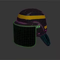 Black Safety Helmet With Yellow Stripe And Protective Face Shield Design