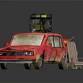 Red Worn Car With Equipment On Roof And Wooden Chair Nearby Debris