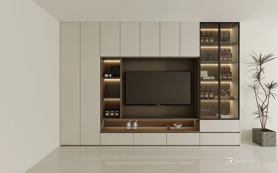Modern TV Wall Unit With LED Lighting Glass Doors And Storage Cabinets 3d model 
