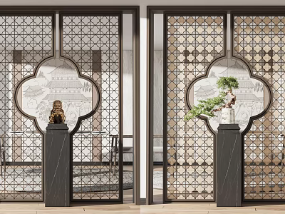 Traditional Chinese Wooden Room Divider With Intricate Cut Patterns And Circular Motifs 3d model