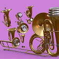 Artistic Display of Golden Brass Instruments and Art Supplies on Purple Background