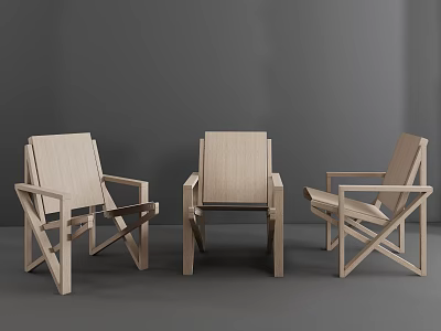 Three Modern Wooden Leisure Chairs With Light Wood Frame And Cross Leg Design 3d model
