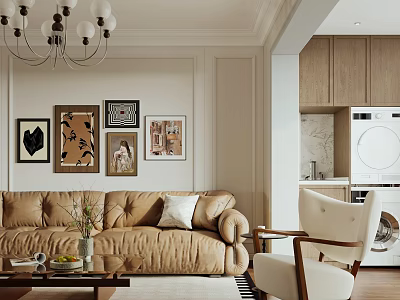 Warm Beige Modern Open Plan Living And Dining Room Interior With Cozy Leather Sofa Decor 3d model