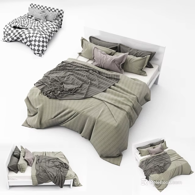 Modern Double Bed With Striped Bedding Gray Pillows And Dark Blanket 3d model 